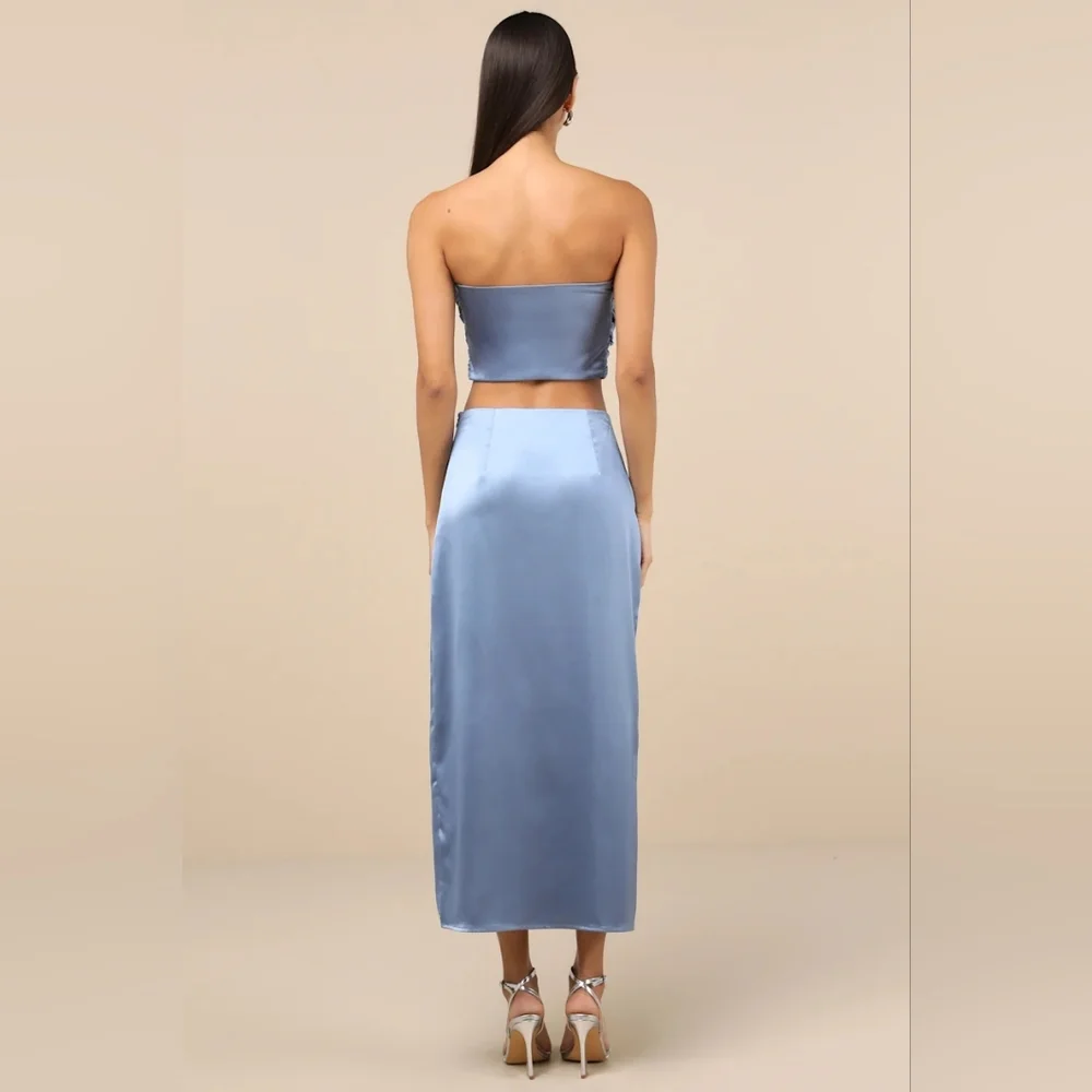 Lulus Demure Sweetie Slate Blue Satin Strapless Two-Piece Midi Dress M Wedding - Picture 4 of 10